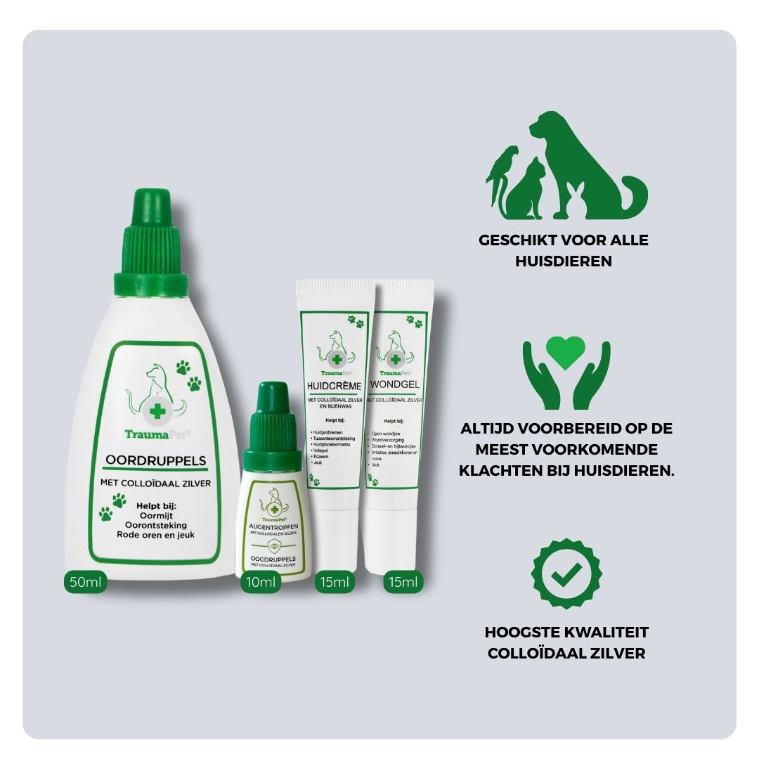 Overzicht van inhoud en toepassing van de TraumaPet Must-have Set: 4 essentiële producten voor oor-, oog-, huid- en wondverzorging, geschikt voor snelle verlichting en dagelijkse pet care bij hond en kat.