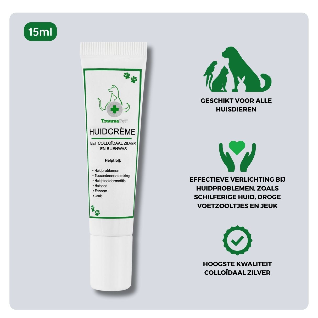 Overzicht van ingrediënten en toepassing van TraumaPet huidcreme: met colloïdaal zilver en bijenwas, geschikt bij jeuk, roodheid, droge plekken, schilfers, huidplooien en ter ondersteuning van de natuurlijke huidbarrière bij hond en kat.