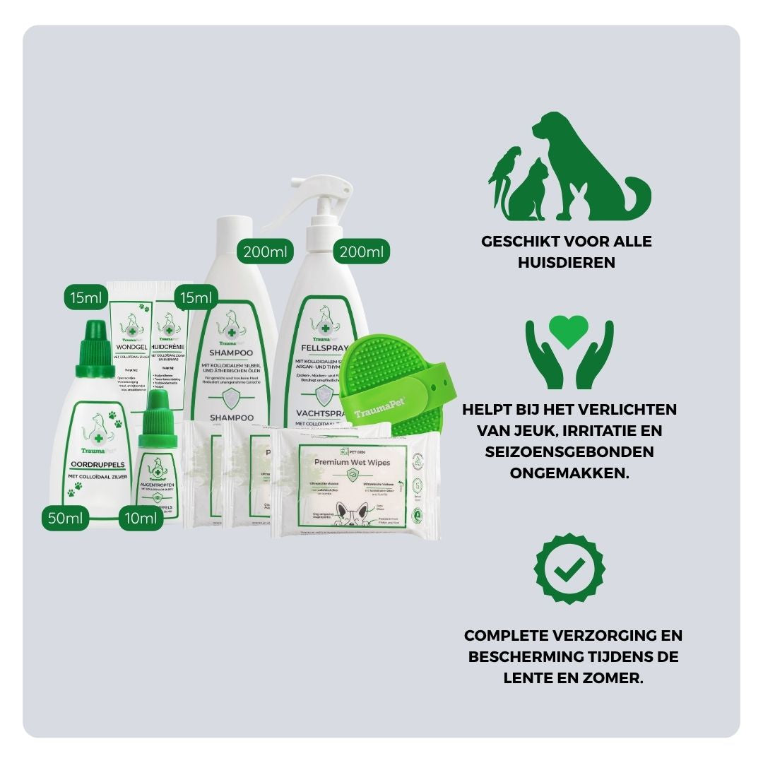 Ingrediënten en gebruik van TraumaPet Lente & Zomer Set voor volledige verzorging en bescherming tijdens lente en zomer